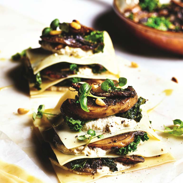 Open lasagne met gebakken paddenstoelen