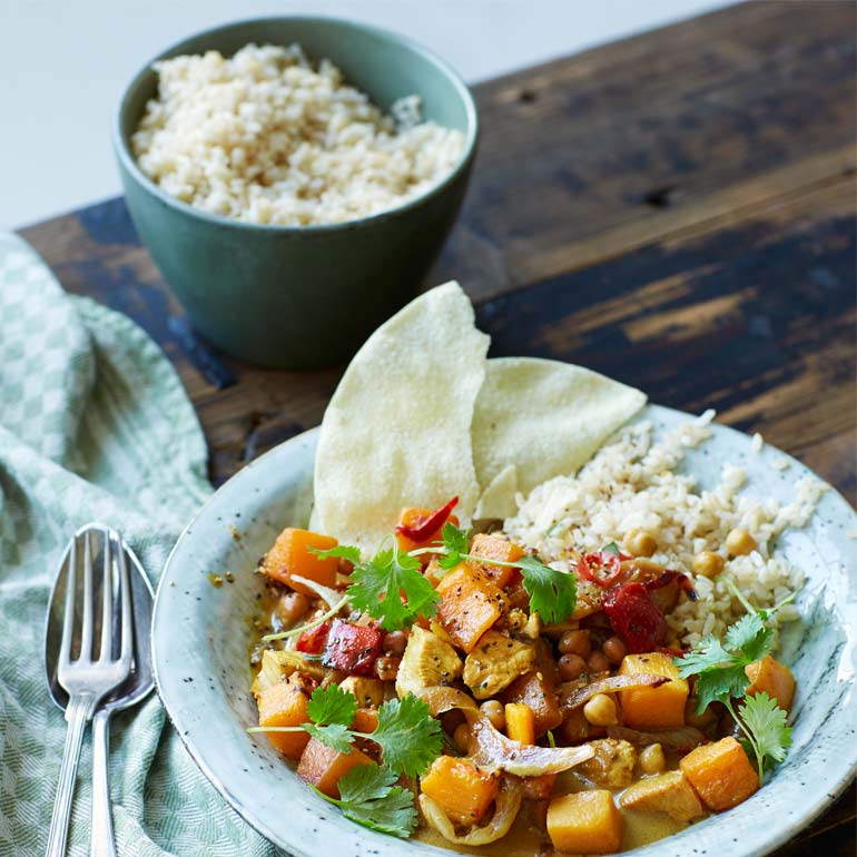 Pompoencurry met rijst & papadums