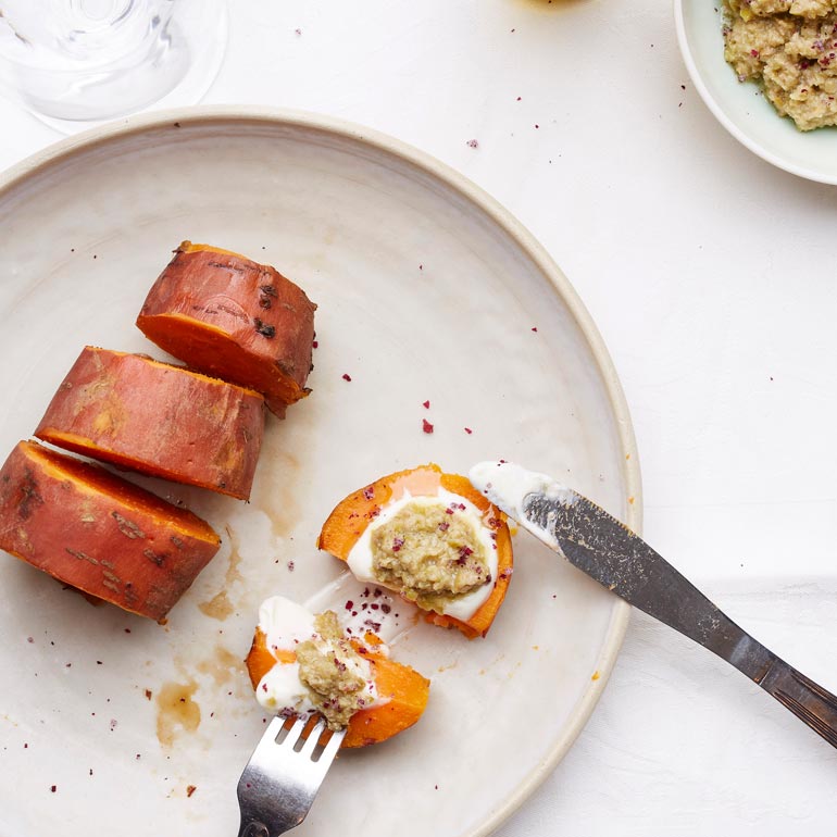 Zoete aardappel met tapenade