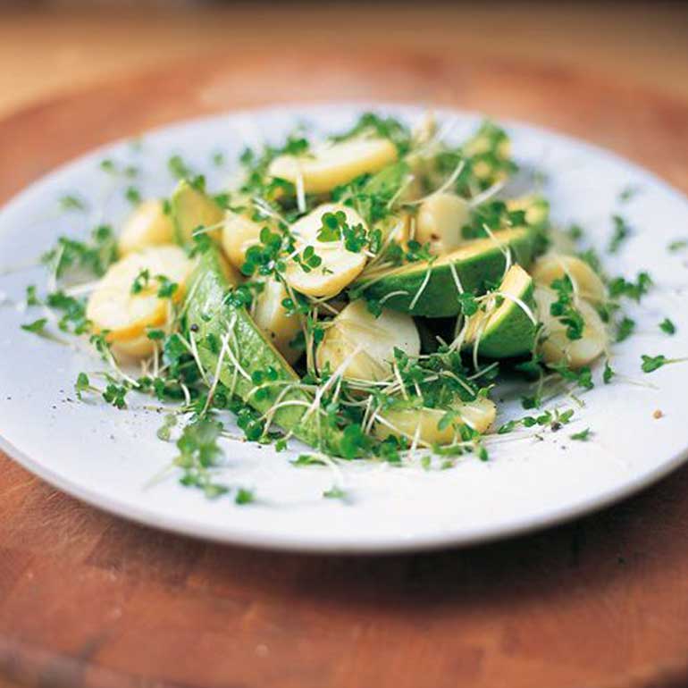 Aardappelsalade met avocado en tuinkers