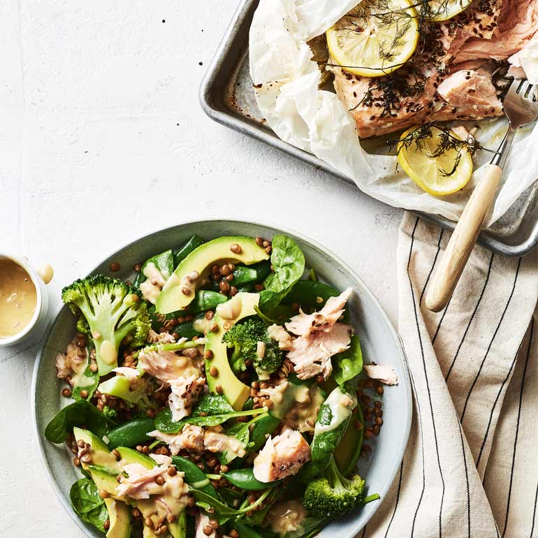 Gestoomde zalm met linzensalade