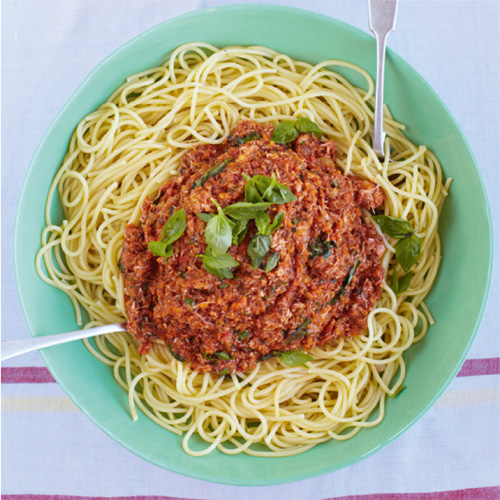 Spaghetti bolognese met krab