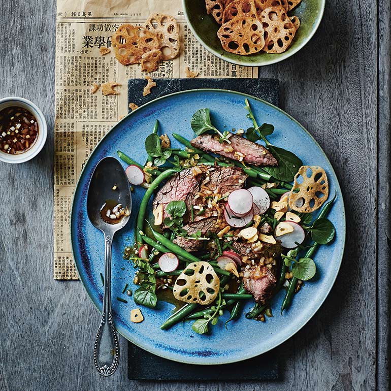 Japanse bavettesalade met lotuschips