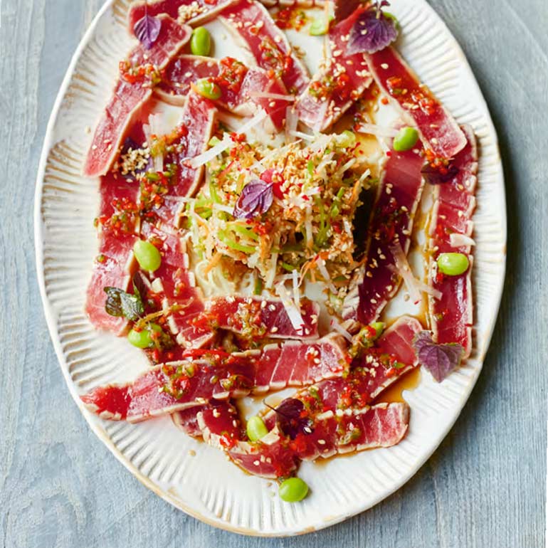 Tonijncarpaccio met miso-groenten