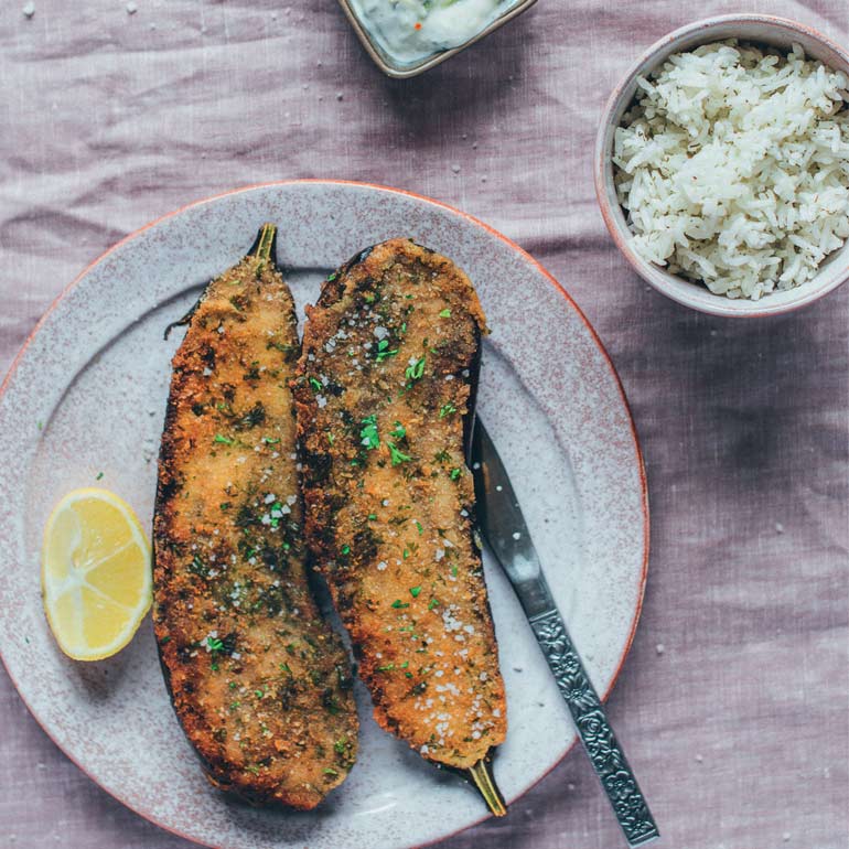 Krokante aubergines met dillerijst