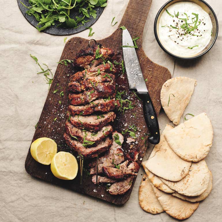 Citroen-oregano souvlaki met tzatziki